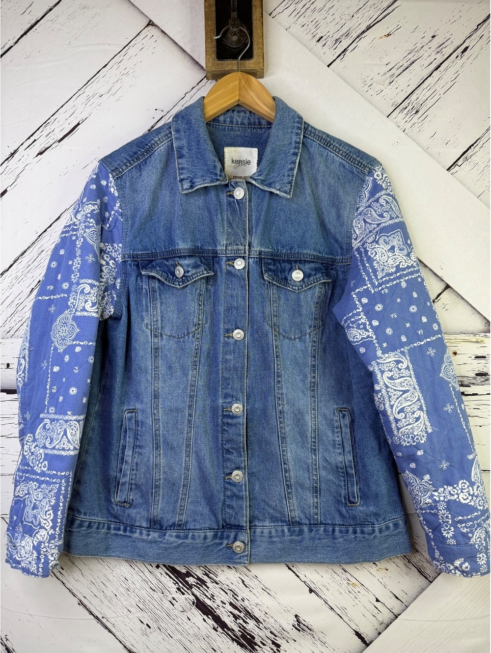 Kensie Vintage Cottagecore Western Blue Denim Quilted Paisley Sleeves Women SM